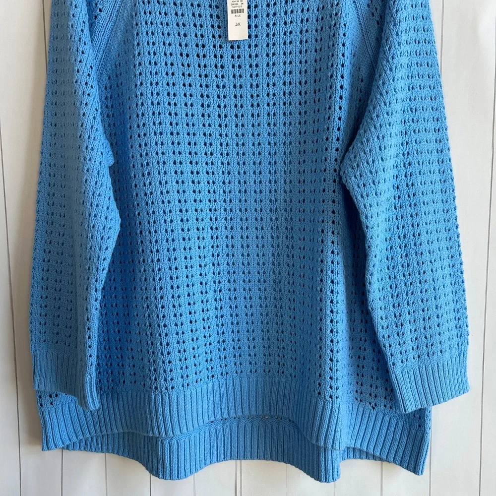 Talbots plus size 3X open knit raglan sweater pullover blue 100% cotton NEW - Picture 4 of 12